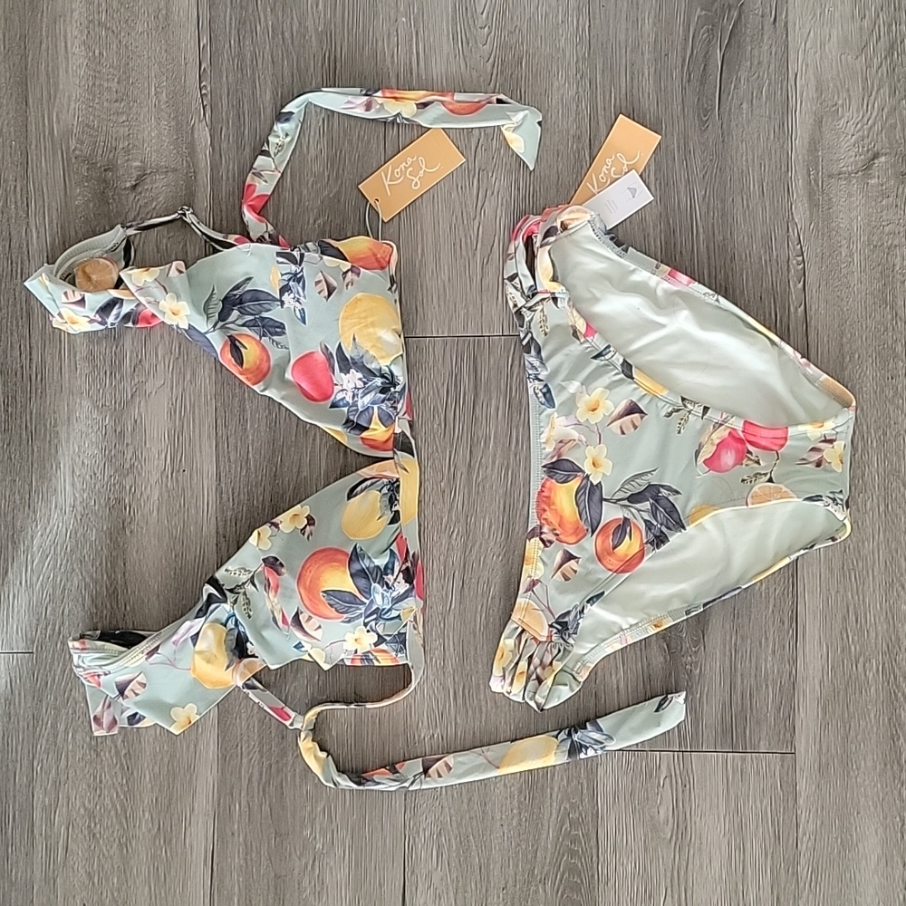 NWT Kona Sol Soft Ruffle Bralette Bikini Swimsuit Sage Green Floral & Fruit L